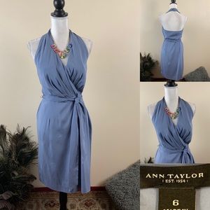 Ann Taylor Slate Blue Silk Halter Cocktail Dress
